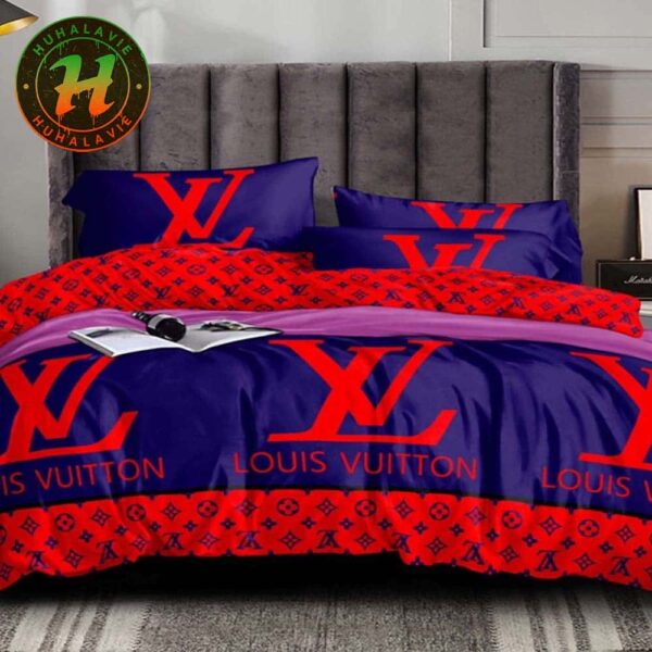 Louis Vuitton Bright Red Logo Luxury With Navy and Red Background Bedding Set