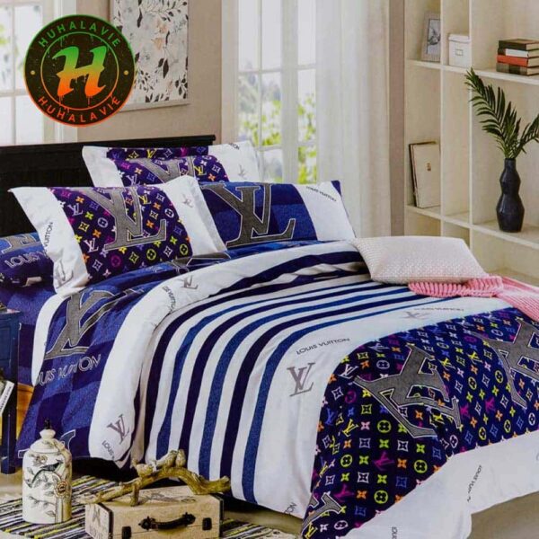 Louis Vuitton Dark Blue Background Bedding Set Full