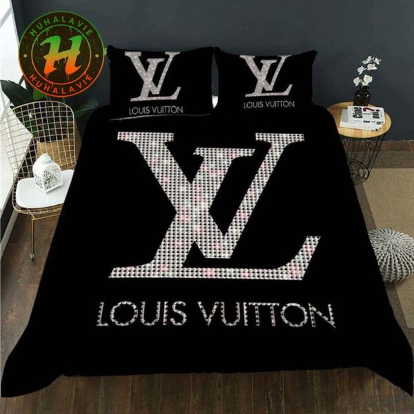 Louis Vuitton Diamond Rhinestone Logo Black Background Luxury Bedding Set Full
