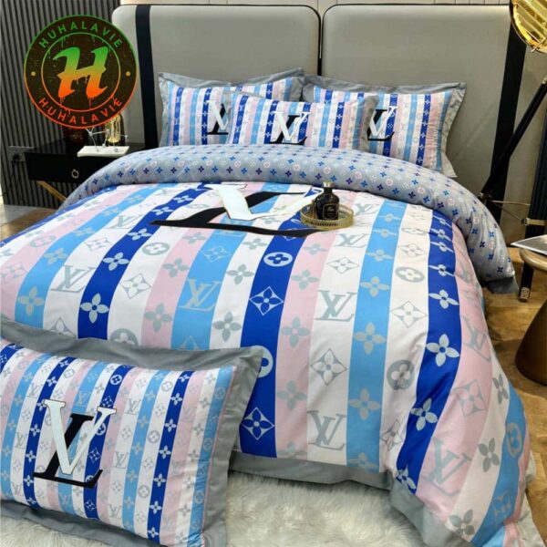 Louis Vuitton Pink Blue Striped Monogram Bedding Set Full