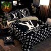 Louis Vuitton White Logo Black Background Bedding Set Full