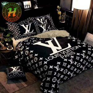 Louis Vuitton White Logo With Paris Black Background Luxury Bedding Set