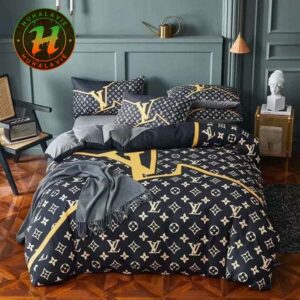 Louis Vuitton With Pattern Logo Black And Gold Background Bedding Set Full