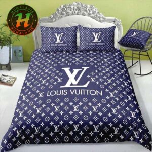 Louis Vuitton With Pattern Logo Blue Background Bedding Set Queen