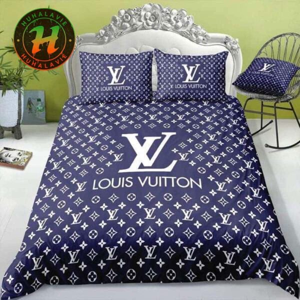 Louis Vuitton With Pattern Logo Blue Background Bedding Set Queen