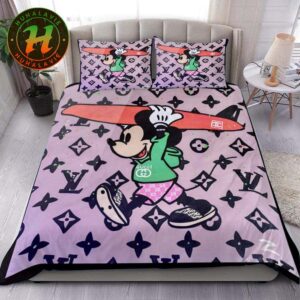 Louis Vuitton x Gucci Mickey With Pattern Logo Purple Background Bedding Queen Set
