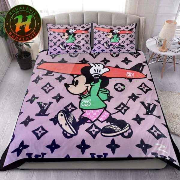Louis Vuitton x Gucci Mickey With Pattern Logo Purple Background Bedding Queen Set