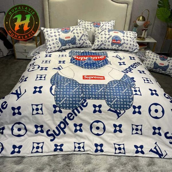 Louis Vuitton x Supreme Bear With Pattern Logo White Background Bedding Set