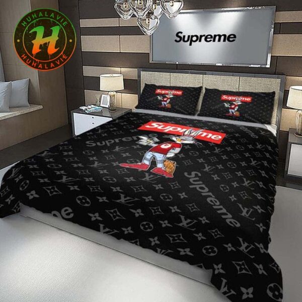 Louis Vuitton x Supreme Bug Bunny With Pattern Logo Black Background Bedding Set