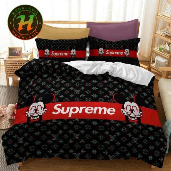 Louis Vuitton x Supreme Mickey With Pattern Logo Black Background Bedding Set