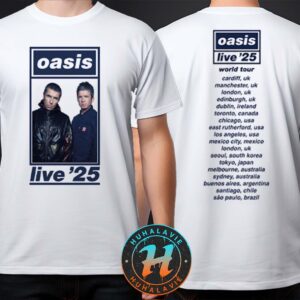 Oasis Live ’25 World Tour Exclusive Tee Dates List Start In Cardiff UK White Two Sided Print T-Shirt