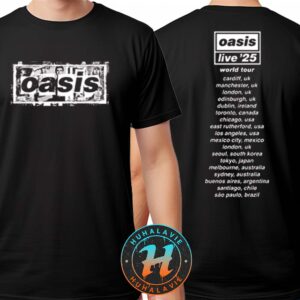 Oasis Live ’25 World Tour Merchandise Tee With Cities List Black Two Sided Print T-Shirt