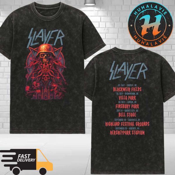 Slayer A Skull With A Military Helmet Farewell Tour 2025 Merch Tee Dates List Black Washed T-Shirt