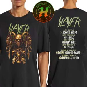 Slayer Farewell Tour 2025 Collection Skull Throne Art Tee Dates List Start On July 3 2025 In Cardiff UK At Blackweir Fields Two Sided Print T-Shirt