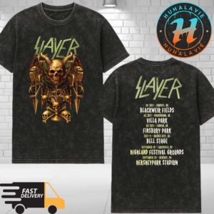 Slayer Farewell Tour 2025 Exclusive Tee Skull Throne Art Cities List Kicks Off In Cardiff UK On July 3 2025 Washed T-Shirt