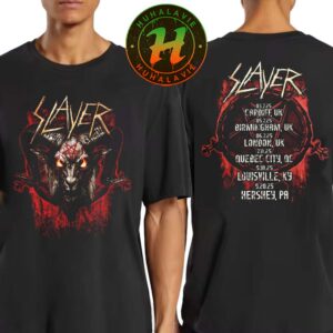 Slayer Farewell Tour 2025 Goat Merch Tee Cities List Start In Cardiff United Kingdom On July 3 2025 Two Sided Black T-Shirt