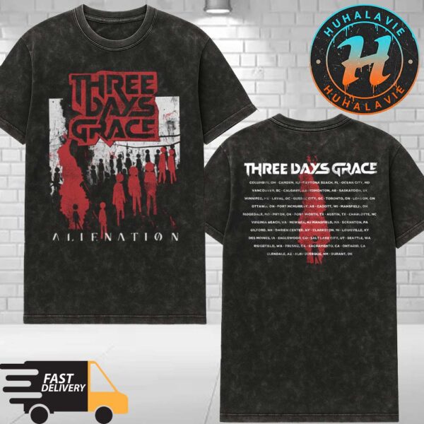 Three Days Grace Merch Alienation 2025 Tour List Tee Black Washed T-Shirt