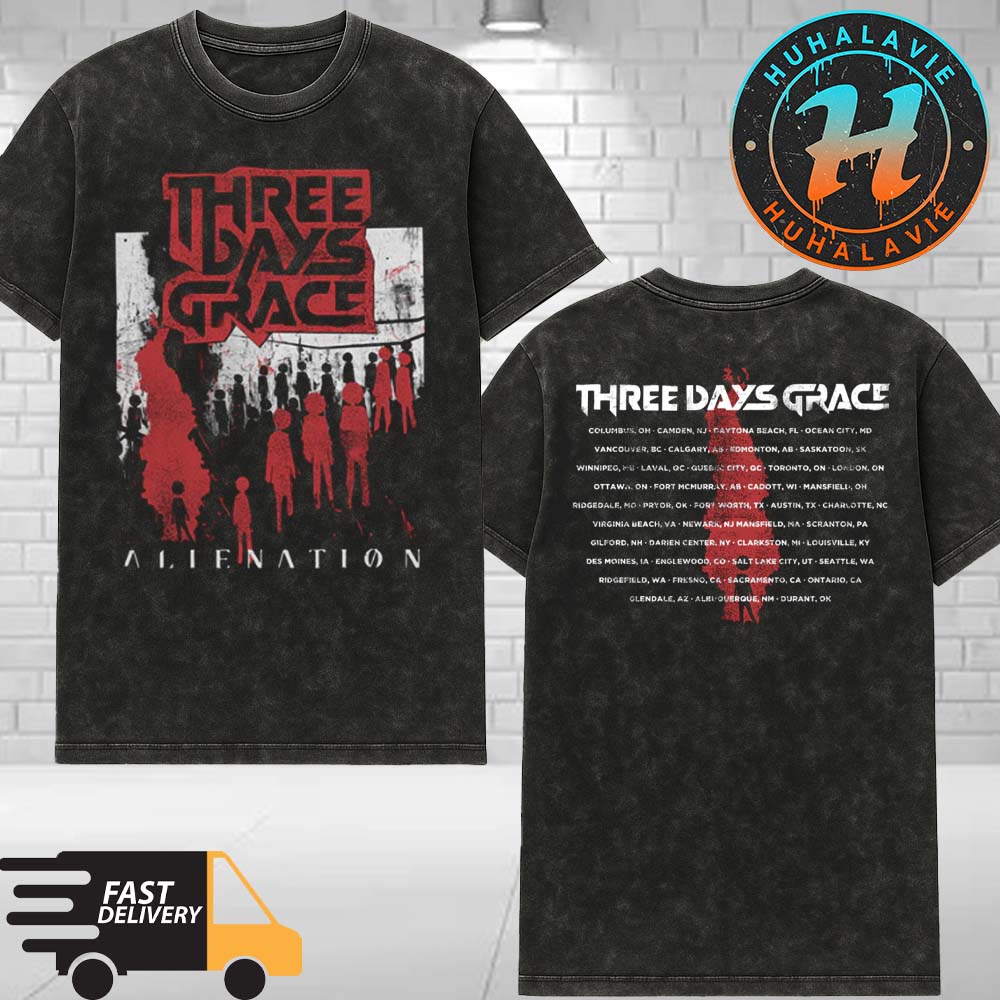 Three Days Grace Merch Alienation 2025 Tour List Tee Black Washed T-Shirt Three Days Grace Merch Alienation 2025 Tour List Tee Black Washed T-Shirt