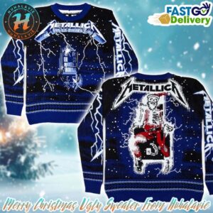 Metallica Album Cover Ride The Lightning Skeleton Santa On The Electric Chair Iconic 2025 Holiday Ugly Christmas Sweater