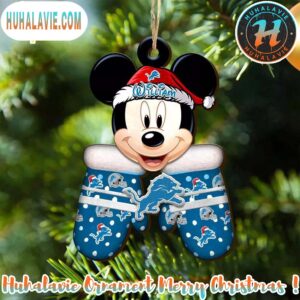 Custom Name NFL Detroit Lions Football Mickey Mouse Glove Christmas Ornament 2025