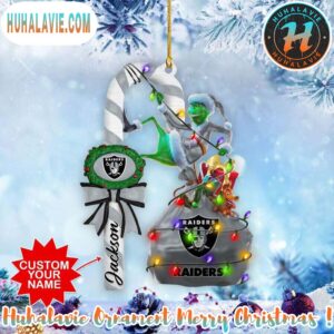 Custom Name NFL Las Vegas Raiders Football Team Grinch Christmas Ornament 2025