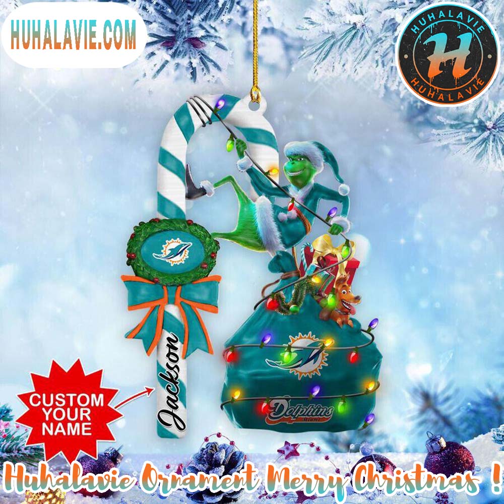 Custom Name NFL Miami Dolphins Football Team Grinch Christmas Ornament 2025 Custom Name NFL Miami Dolphins Football Team Grinch Christmas Ornament 2025