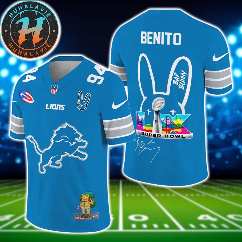 Detroit Lions NFL x Bad Bunny Super Bowl LX With Benito 94 Name And Number Football Jersey Detroit Lions NFL x Bad Bunny Super Bowl LX With Benito 94 Name And Number Football Jersey