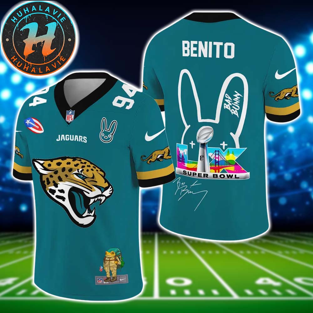 Jacksonville Jaguars NFL x Bad Bunny Super Bowl LX With Benito 94 Name And Number Football Jersey Jacksonville Jaguars NFL x Bad Bunny Super Bowl LX With Benito 94 Name And Number Football Jersey