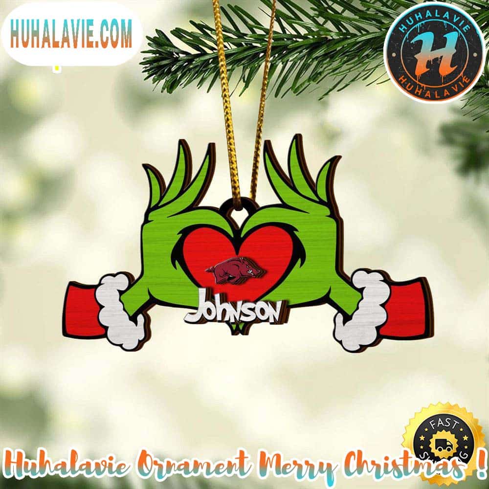 NCAA Arkansas Razorbacks And Grinch Christmas Ornament Custom Your Name NCAA Arkansas Razorbacks And Grinch Christmas Ornament Custom Your Name